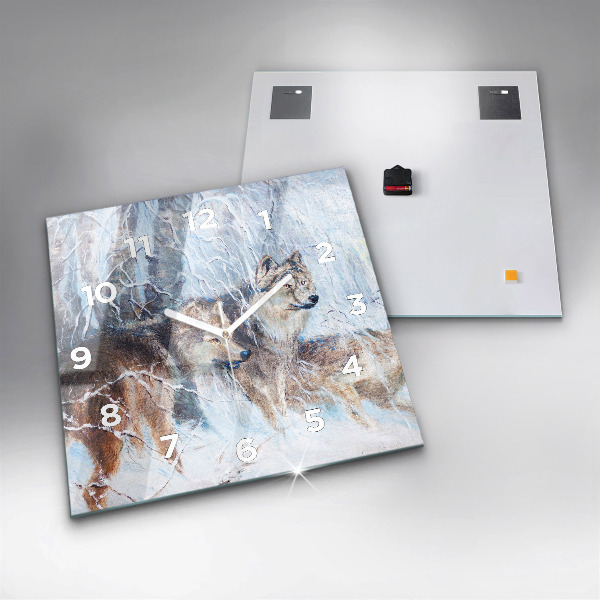 Ceas pătrat de perete din sticlă Lupi în pădure