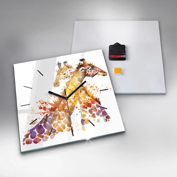 Ceas pătrat de perete din sticlă Girafă – acuarelă