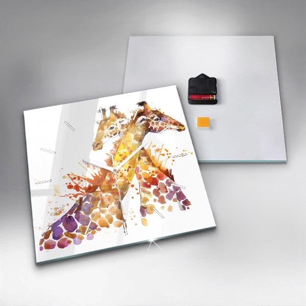 Ceas pătrat de perete din sticlă Girafă – acuarelă