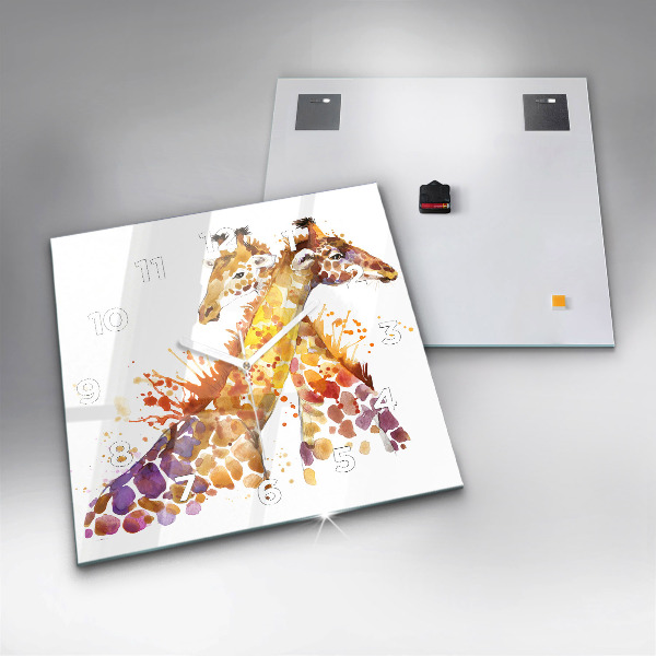 Ceas pătrat de perete din sticlă Girafă – acuarelă