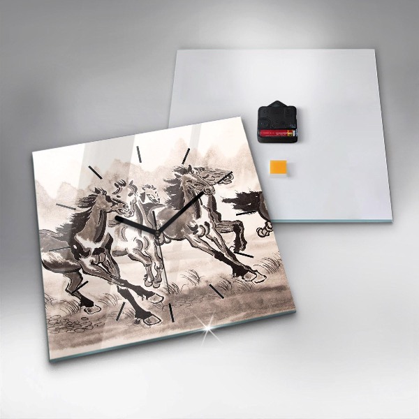 Ceas pătrat de perete din sticlă Cai în galop