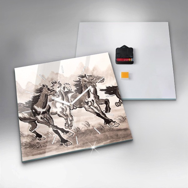 Ceas pătrat de perete din sticlă Cai în galop