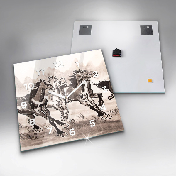 Ceas pătrat de perete din sticlă Cai în galop