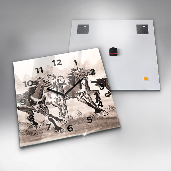 Ceas pătrat de perete din sticlă Cai în galop