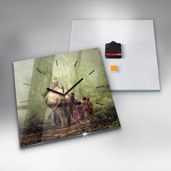Ceas pătrat de perete din sticlă Copii care conduc un elefant
