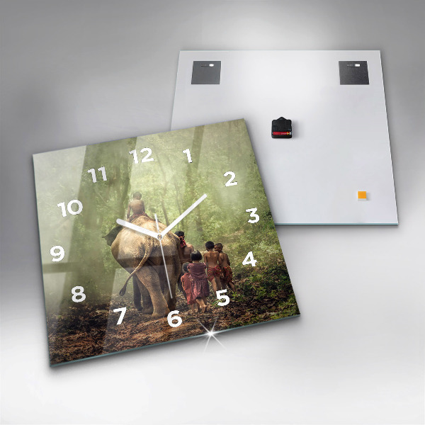 Ceas pătrat de perete din sticlă Copii care conduc un elefant