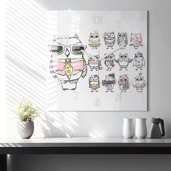 Ceas pătrat de perete din sticlă Poster de epocă cu bufnițe