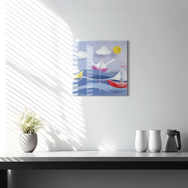 Ceas pătrat de perete din sticlă Barci cu pânze origami colorate