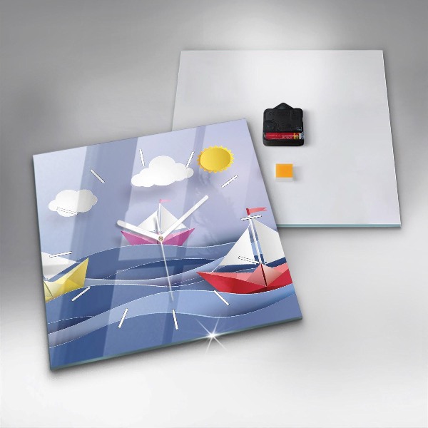 Ceas pătrat de perete din sticlă Barci cu pânze origami colorate