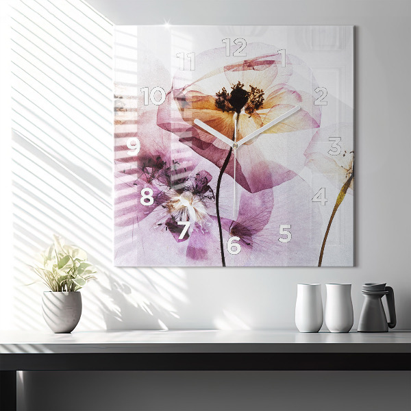 Ceas pătrat de perete din sticlă Flori uscate de mac