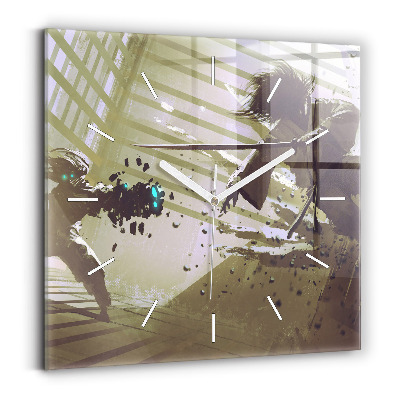 Ceas pătrat de perete din sticlă Robot și samurai se luptă