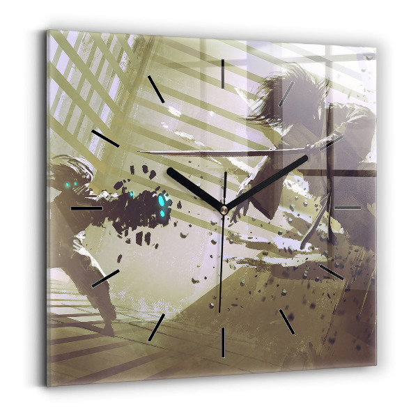 Ceas pătrat de perete din sticlă Robot și samurai se luptă