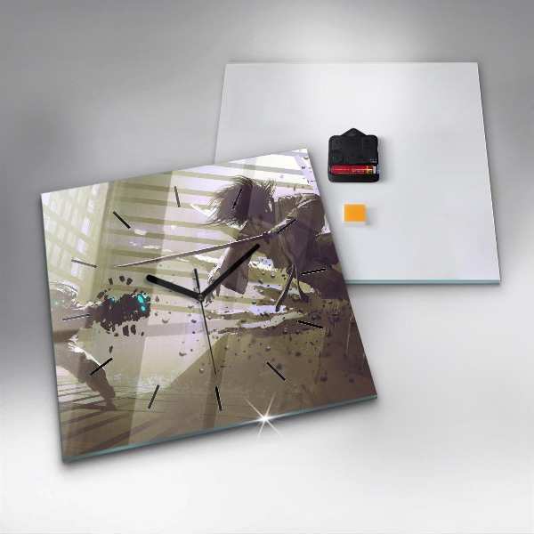 Ceas pătrat de perete din sticlă Robot și samurai se luptă