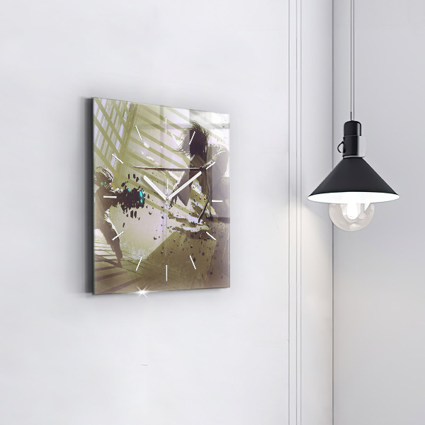 Ceas pătrat de perete din sticlă Robot și samurai se luptă