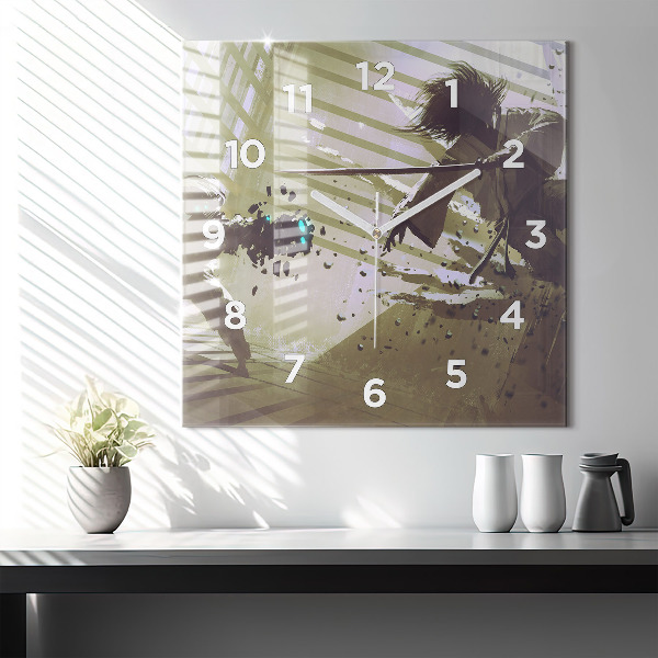 Ceas pătrat de perete din sticlă Robot și samurai se luptă