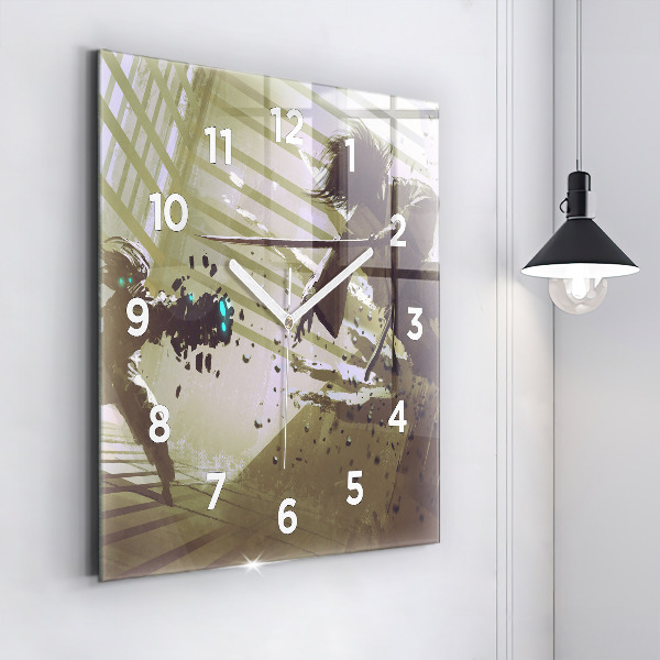 Ceas pătrat de perete din sticlă Robot și samurai se luptă