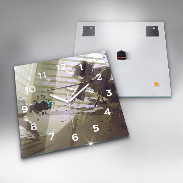 Ceas pătrat de perete din sticlă Robot și samurai se luptă
