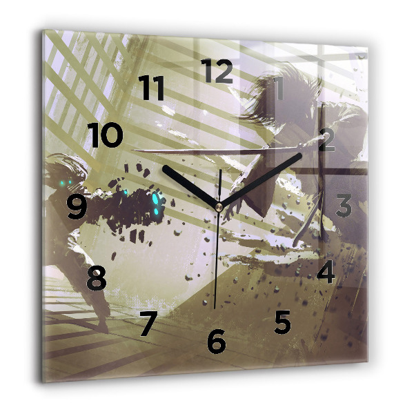 Ceas pătrat de perete din sticlă Robot și samurai se luptă