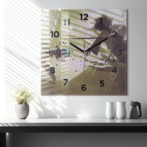 Ceas pătrat de perete din sticlă Robot și samurai se luptă