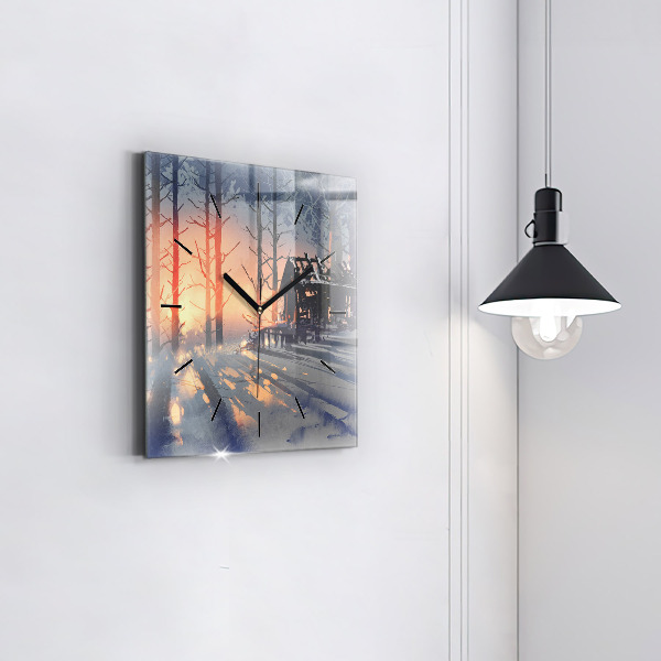 Ceas pătrat de perete din sticlă Peisaj de iarnă cu copaci