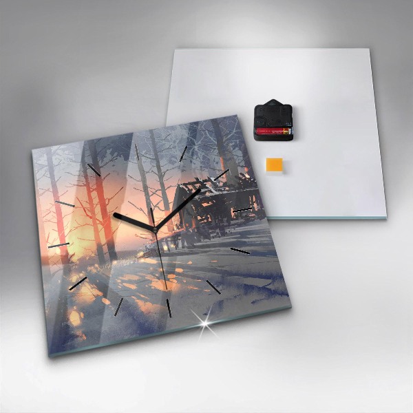 Ceas pătrat de perete din sticlă Peisaj de iarnă cu copaci