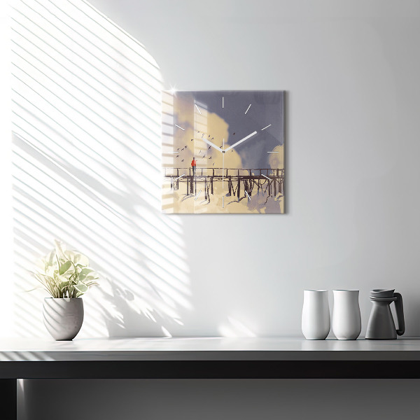 Ceas pătrat de perete din sticlă Omul pe podul vechi