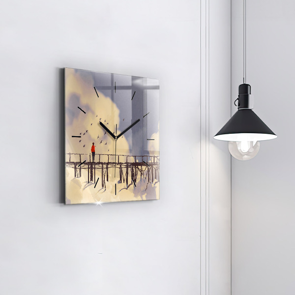 Ceas pătrat de perete din sticlă Omul pe podul vechi