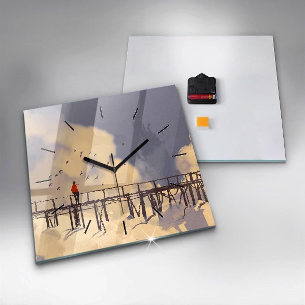 Ceas pătrat de perete din sticlă Omul pe podul vechi