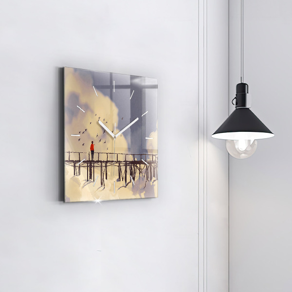 Ceas pătrat de perete din sticlă Omul pe podul vechi