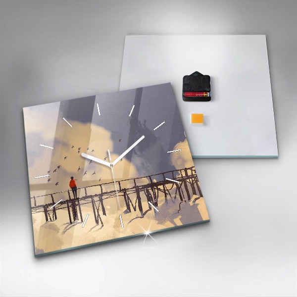 Ceas pătrat de perete din sticlă Omul pe podul vechi