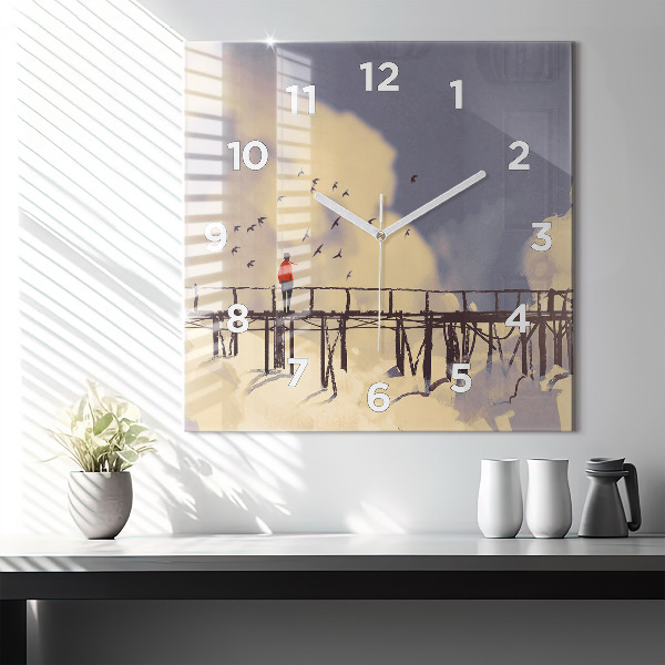 Ceas pătrat de perete din sticlă Omul pe podul vechi