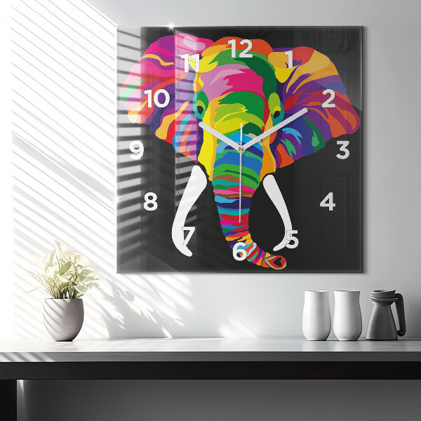 Ceas pătrat de perete din sticlă Elefant colorat
