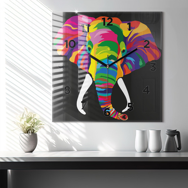 Ceas pătrat de perete din sticlă Elefant colorat