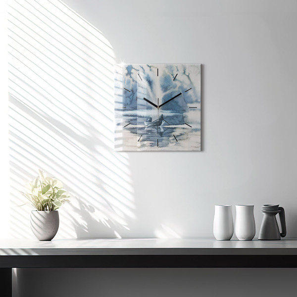 Ceas pătrat de perete din sticlă Pescar pe lac