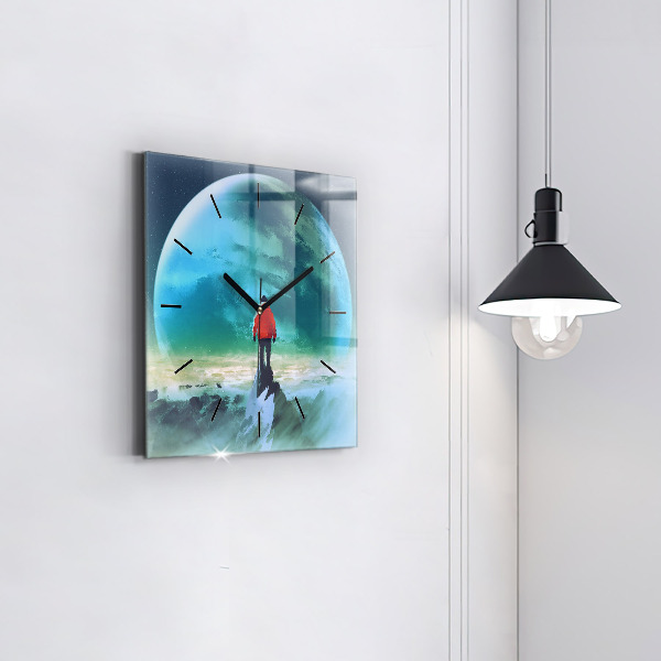 Ceas pătrat de perete din sticlă Omul pe lună
