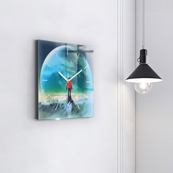 Ceas pătrat de perete din sticlă Omul pe lună
