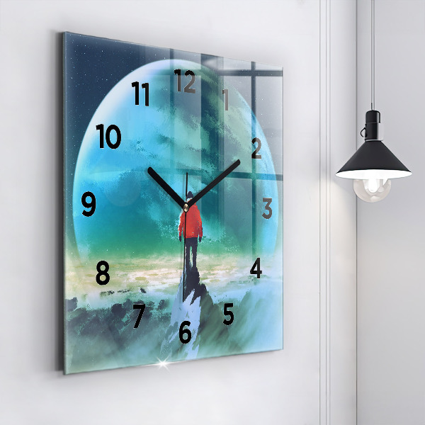 Ceas pătrat de perete din sticlă Omul pe lună