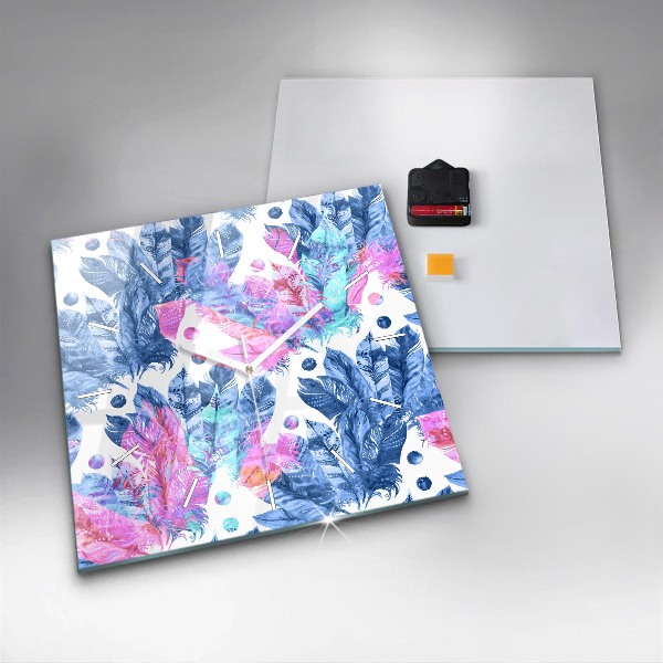 Ceas pătrat de perete din sticlă Pene colorate