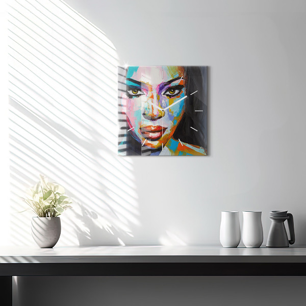 Ceas pătrat de perete din sticlă Chipul colorat de femeie