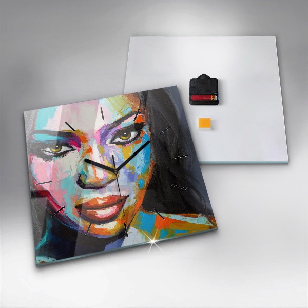 Ceas pătrat de perete din sticlă Chipul colorat de femeie