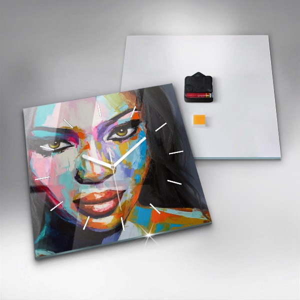 Ceas pătrat de perete din sticlă Chipul colorat de femeie