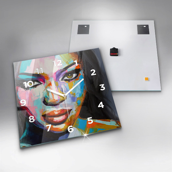 Ceas pătrat de perete din sticlă Chipul colorat de femeie