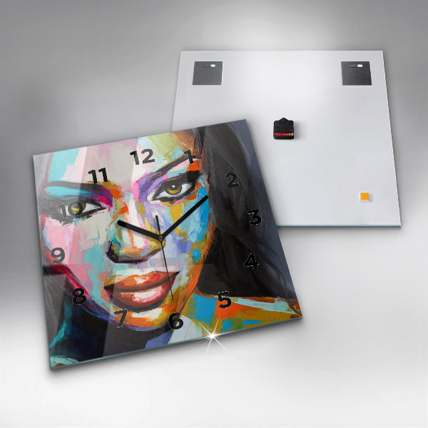 Ceas pătrat de perete din sticlă Chipul colorat de femeie
