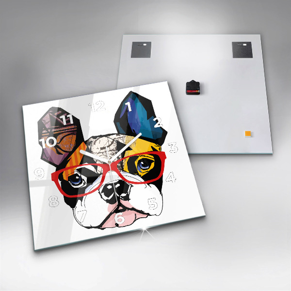 Ceas pătrat de perete din sticlă Bulldog francez cu ochelari