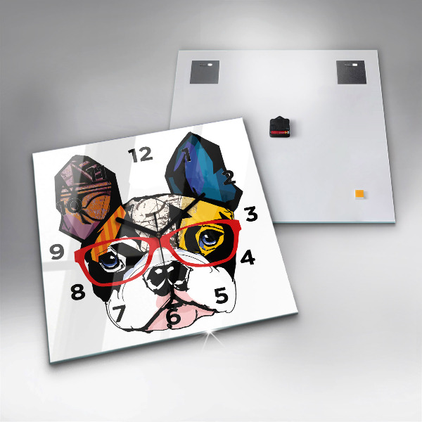 Ceas pătrat de perete din sticlă Bulldog francez cu ochelari