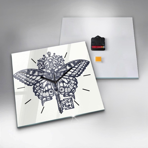 Ceas pătrat de perete din sticlă Fluture și cheie - stil boho