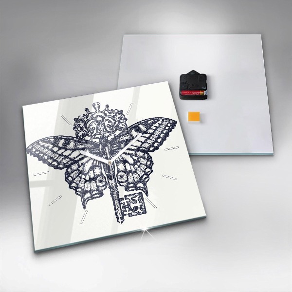 Ceas pătrat de perete din sticlă Fluture și cheie - stil boho