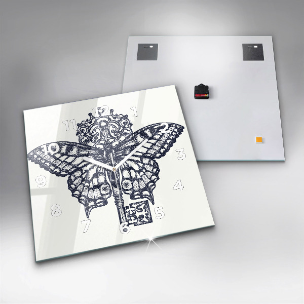 Ceas pătrat de perete din sticlă Fluture și cheie - stil boho