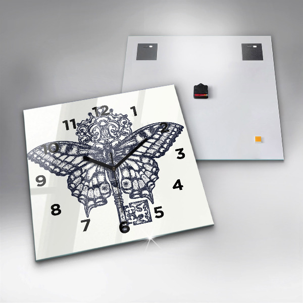 Ceas pătrat de perete din sticlă Fluture și cheie - stil boho