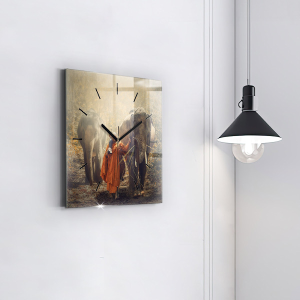 Ceas pătrat de perete din sticlă Un călugăr care conduce elefanți